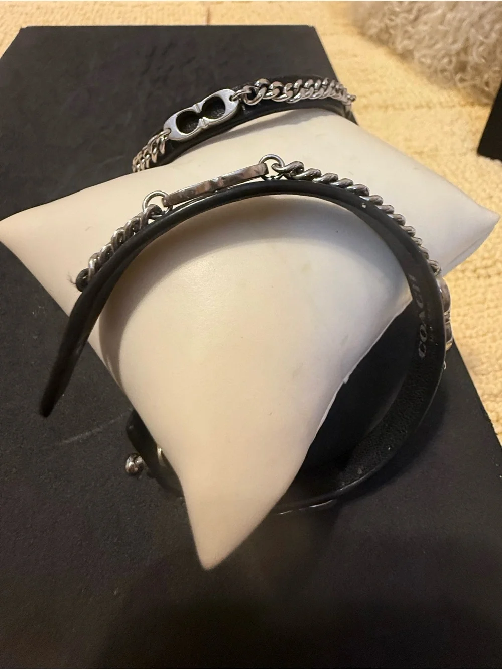 Coach Black Leather Bracelet with Silver Chain Accent